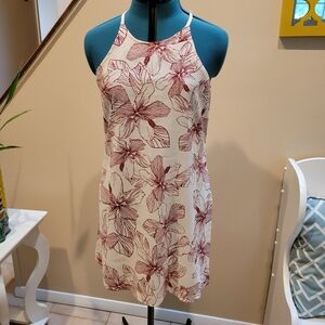 Floral summer dress, medium, red, and light cream tones.